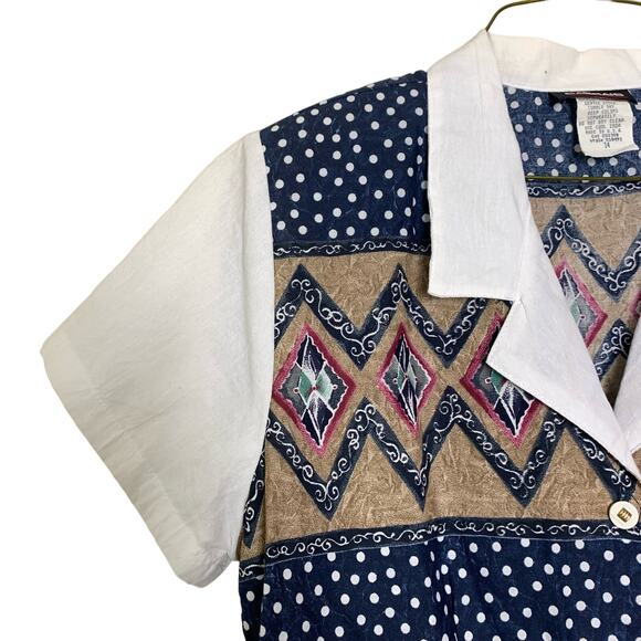 VTG Cabrias southwest pattern polka dot faux vest short sleeve blouse Size LARGE - Picture 5 of 7